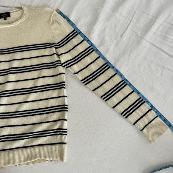 A.P.C. Womens Cream Black Stripe Crewneck 100% Wool Long Sweater Size M - Picture 8 of 12
